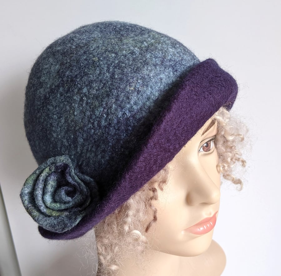 Felted wool cloche hat - duck egg with purple brim 
