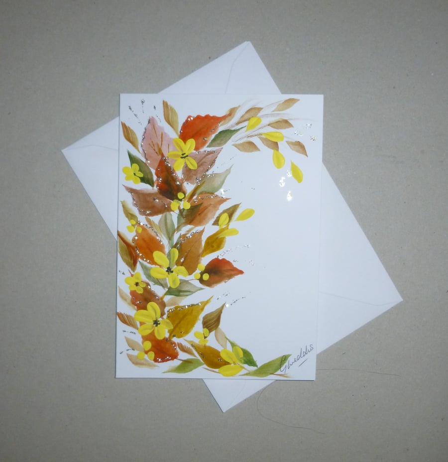 original art hand painted autumn floral greetings card ( ref FA 521 J3 )