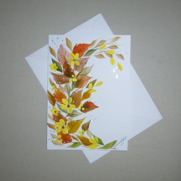 original art hand painted autumn floral greetings card ( ref FA 521 J3 )