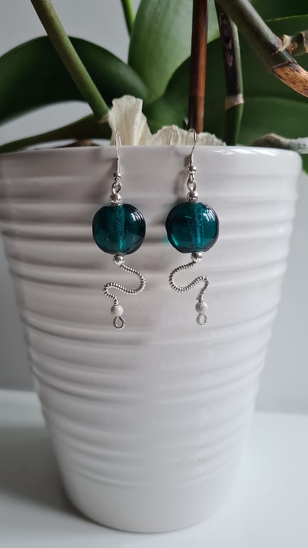 925 Silver & Teal Green Glass Statement  Dangle Earrings Gift Jewellery Jewelry