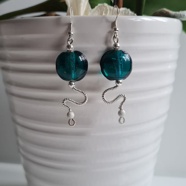 925 Silver & Teal Green Glass Statement  Dangle Earrings Gift Jewellery Jewelry