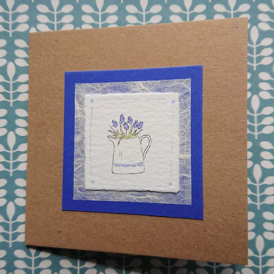 Greetings Card - Jug of grape hyacinths - hand painted - recycled