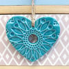 Small Ceramic heart hanging decoration Pottery Heart aqua