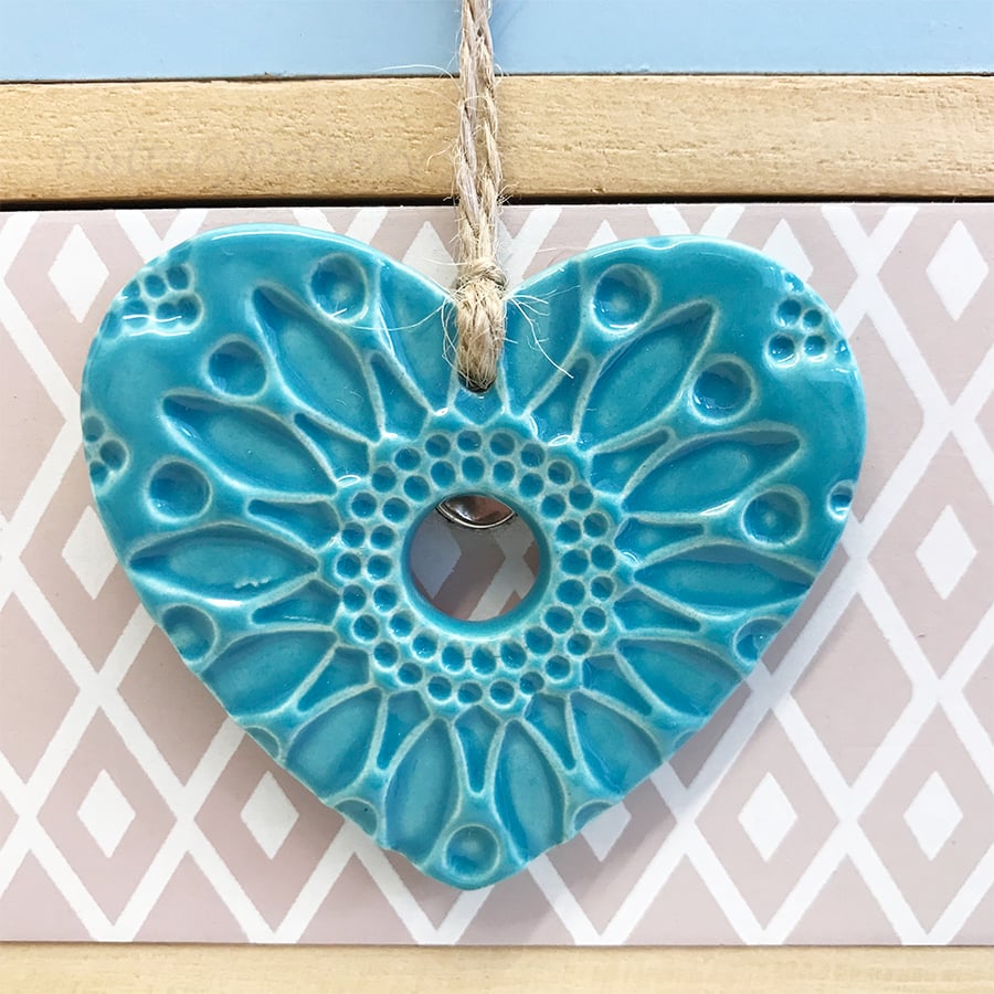 Small Ceramic heart hanging decoration Pottery Heart aqua