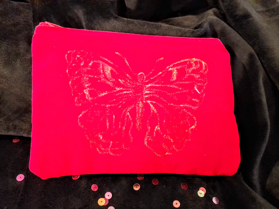 Gold Butterfly Design Red Velvet Clutch 