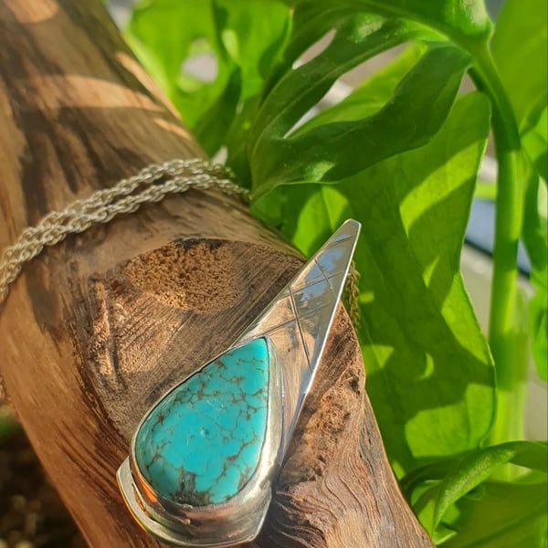 Unique pear shaped turquoise pendant, sterling silver with chain
