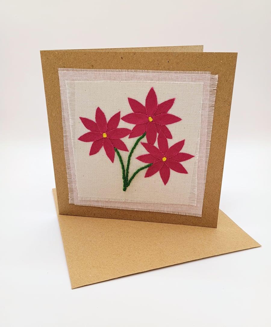 Greetings Card - Fabric Embroidered Pink Flowers - Blank Card