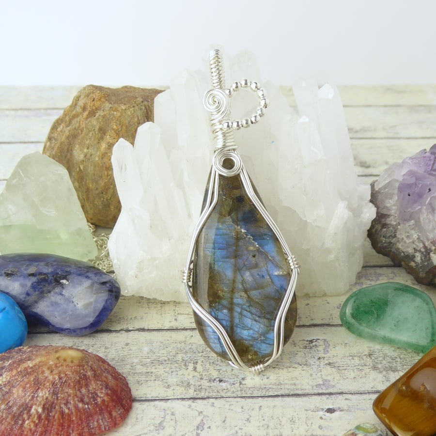 Large Labradorite Pendant, Wire Wrapped Labradorite Necklace, Blue Stone Pendant