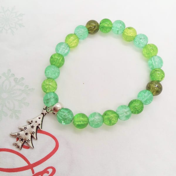 Christmas Tree Charm Bracelet with Green Glass Crackle Beads, Bracelet