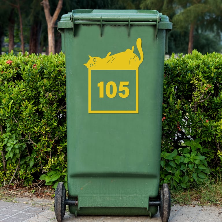 Personalised Lazy Cat Bin Sticker: Custom Wheelie Bin Decal with House Number