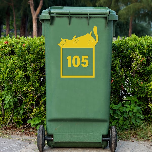Personalised Lazy Cat Bin Sticker: Custom Wheelie Bin Decal with House Number