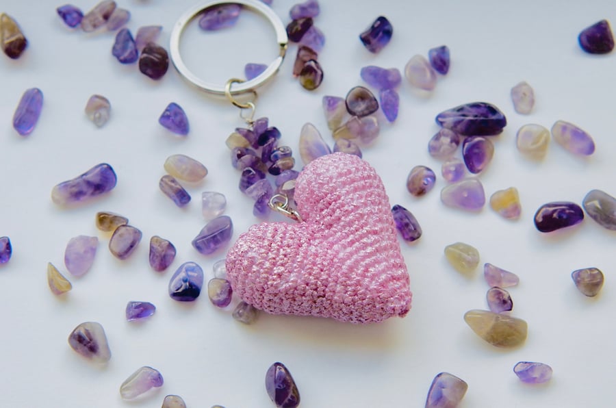 Amethyst crochet heart keychain 