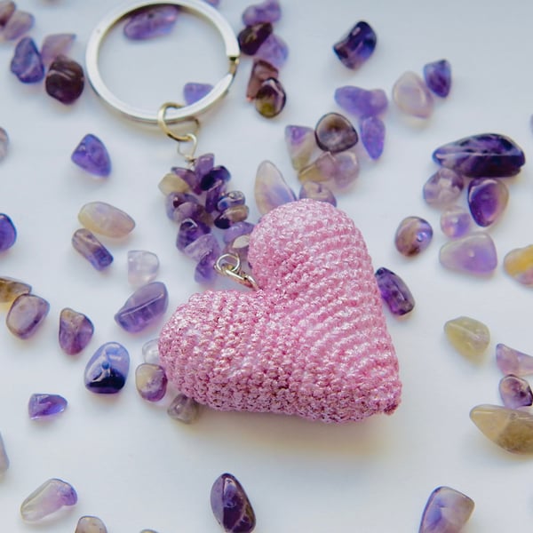 Amethyst crochet heart keychain 