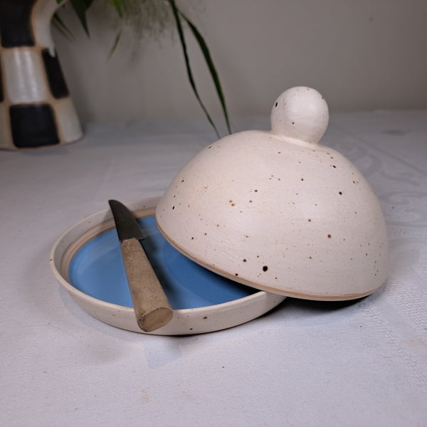 HAND MADE CERAMIC BUTTER DISH - Glazed in Turquoise and Cream speckle