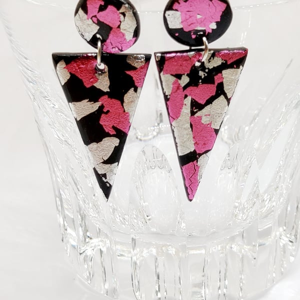 Black, silver and pink dangle earrings