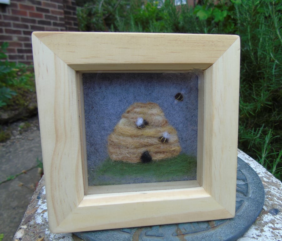 Needle felt bee hive and bees picture in small  box frame