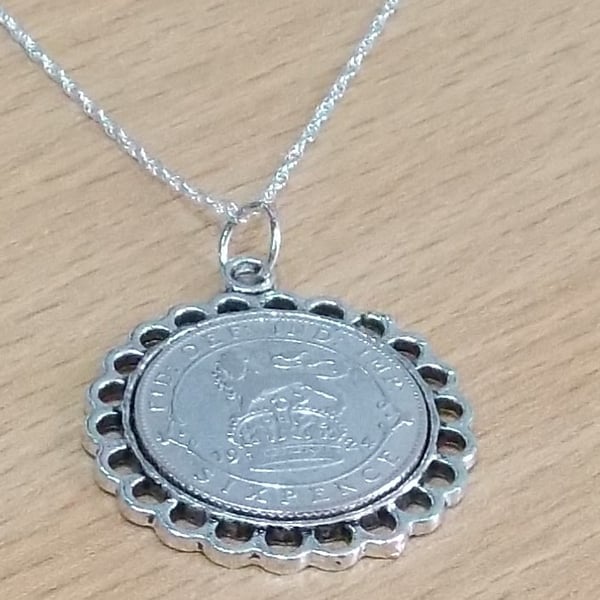 Fine Pendant 1922 Lucky sixpence 102nd Birthday plus a Sterling Silver 18in Ch