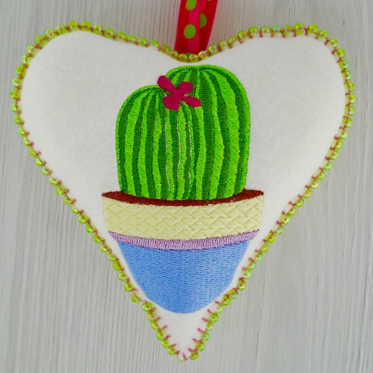 Beaded Felt Heart Decoration: Embroidered Cactus design 5” (12.5cm)