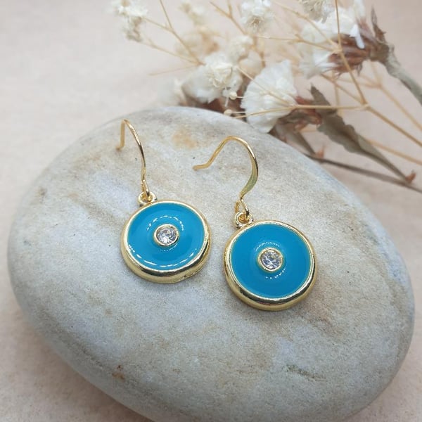 18k gold plated earrings gold  disc with turquoise enamel and tiny dimante 