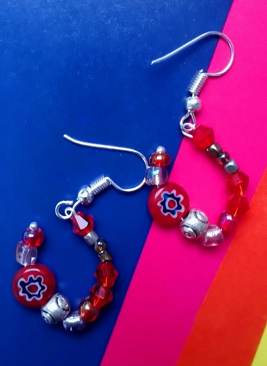 Red Millefiore Glass Curvy Earrings 