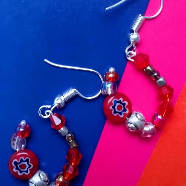 Red Millefiore Glass Curvy Earrings 