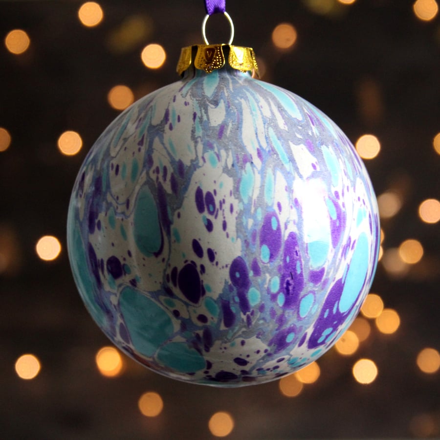 Large Christmas bauble marbled ceramic blue, turquoise silver purple