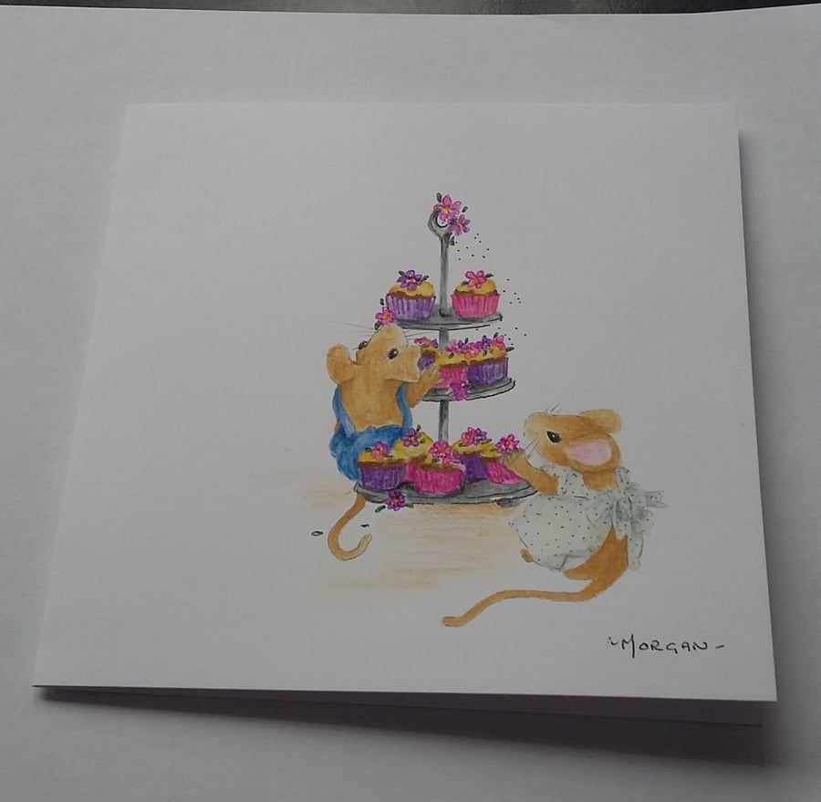 HAND PAINTED WATER COLOUR CARD  OF LITTLE MICE