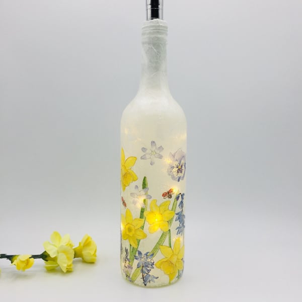 Decoupage Bottle light, yellow daffodils, LED battery operated lights