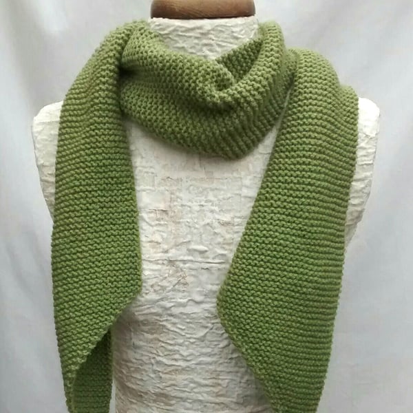 Women's Green Scarf, Hand Knitted in Wool and Acrylic Blend