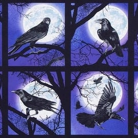 Halloween Raven Moon Raven Square Panels Purple 100% Cotton Print Fabric