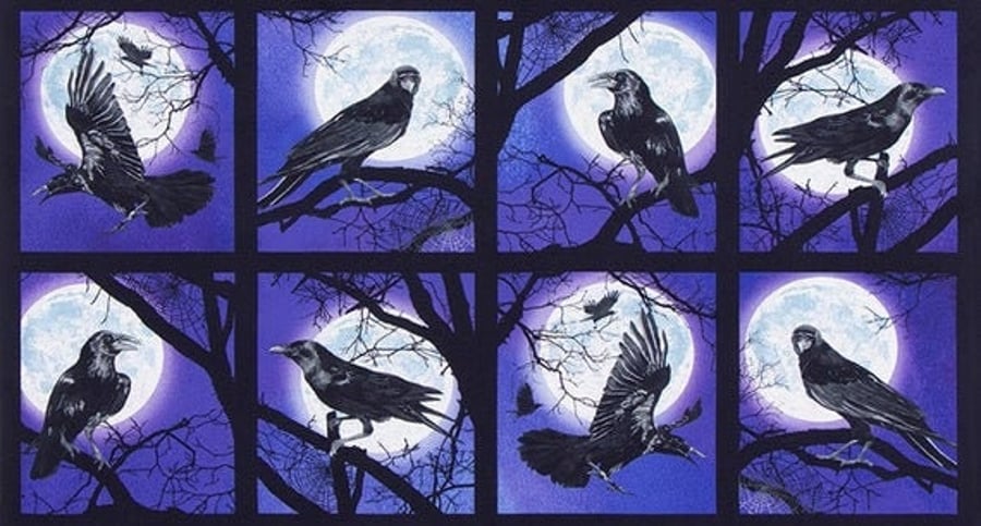 Halloween Raven Moon Raven Square Panels Purple 100% Cotton Print Fabric