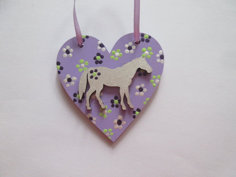 Horse Pony Hanging Heart Decoration Hand Painted Ditsy Flowers