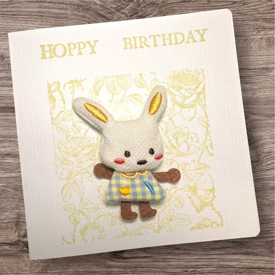 Birthday card with a 3D fabric rabbit motif, roses, spring bunny, hoppy birthday