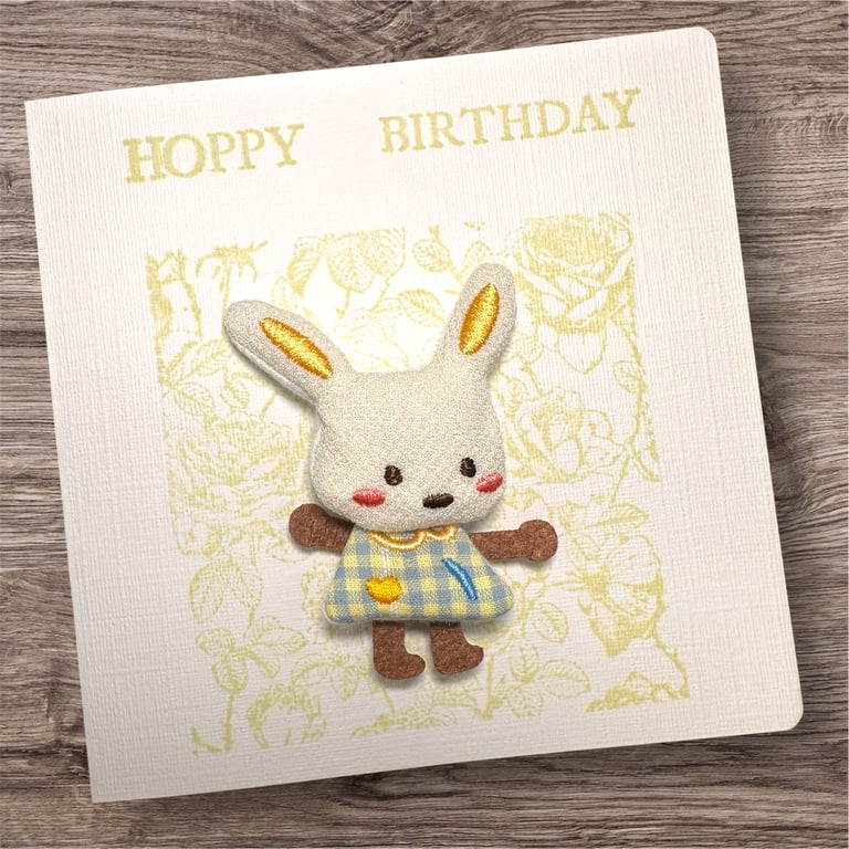 Birthday card with a 3D fabric rabbit motif, roses, spring bunny, hoppy birthday