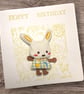 Birthday card with a 3D fabric rabbit motif, roses, spring bunny, hoppy birthday