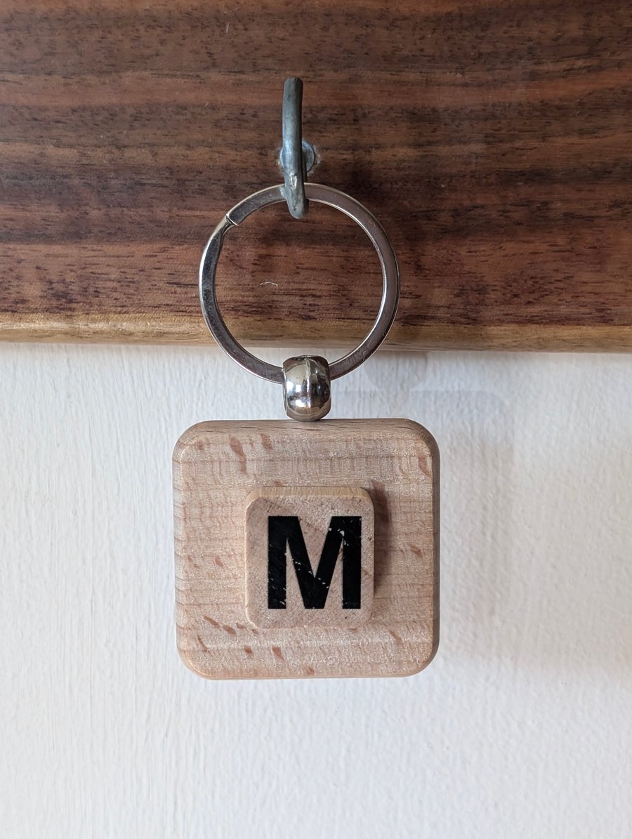 Alphabet letter tile wooden keyring - bagcharm - M