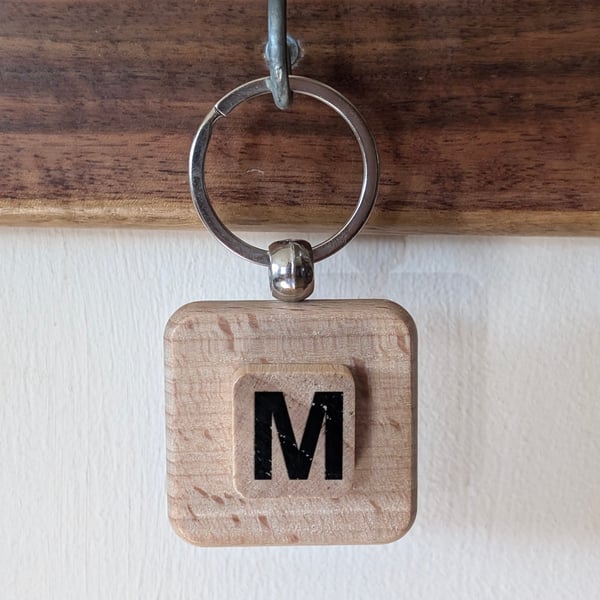 Alphabet letter tile wooden keyring - bagcharm - M