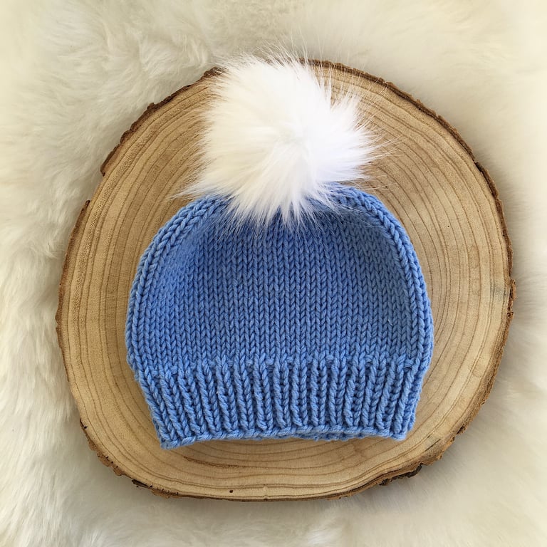 Blue Knitted Baby Hat with Removable Faux Fur Pom Pom for 0 – 3 month
