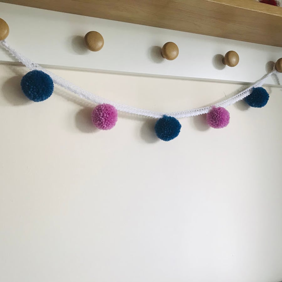 SOLD - SALE Pompom and lace bunting garland in pink and blue
