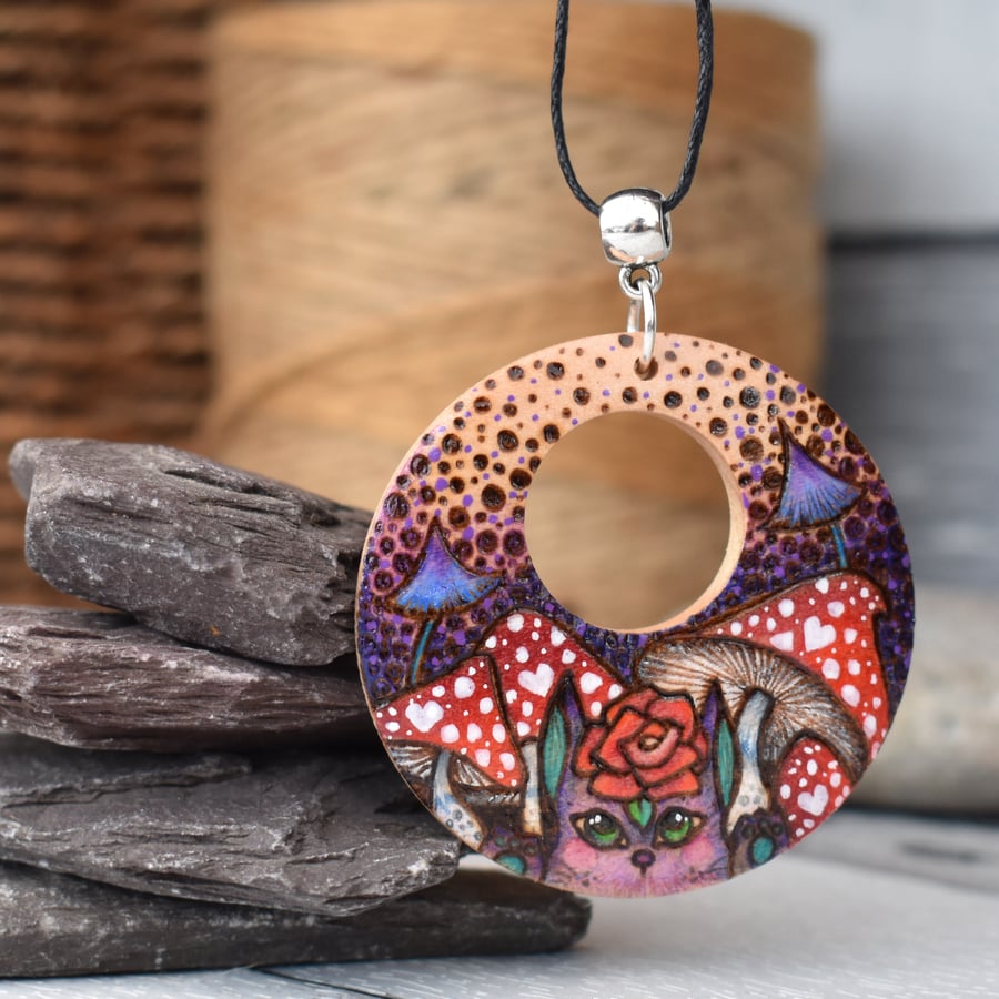 Bunny with flower. Pyrography wooden mushroom circle pendant .