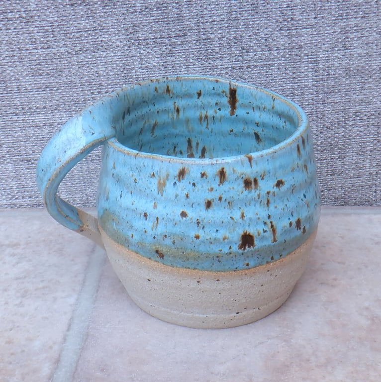 Left handed coffee mug tea cup in stoneware hand thrown ceramic pottery
