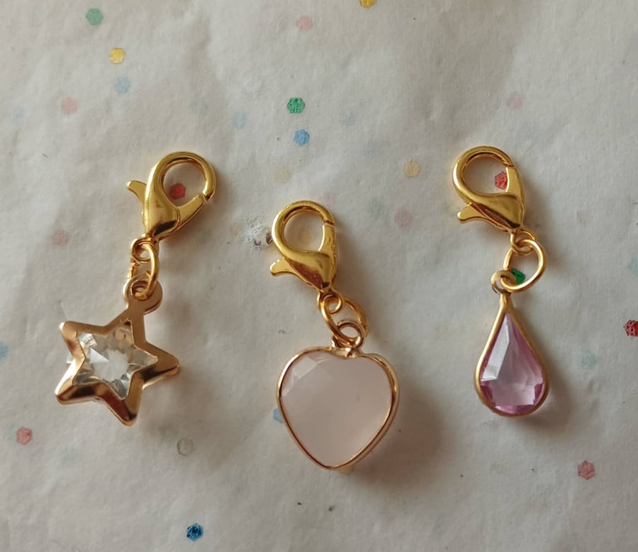 Set of 3 Gold Tone Clear and Pink Zipper Charms