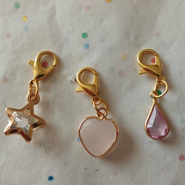 Set of 3 Gold Tone Clear and Pink Zipper Charms