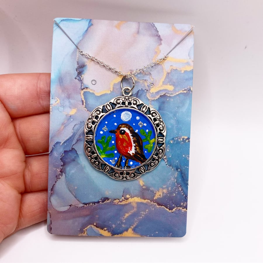 Hand painted Robin necklace 