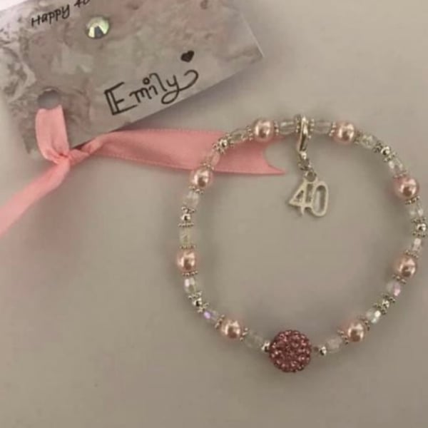 40th milestone charm bracelet pink and silvertone shamballa gift bracelet 
