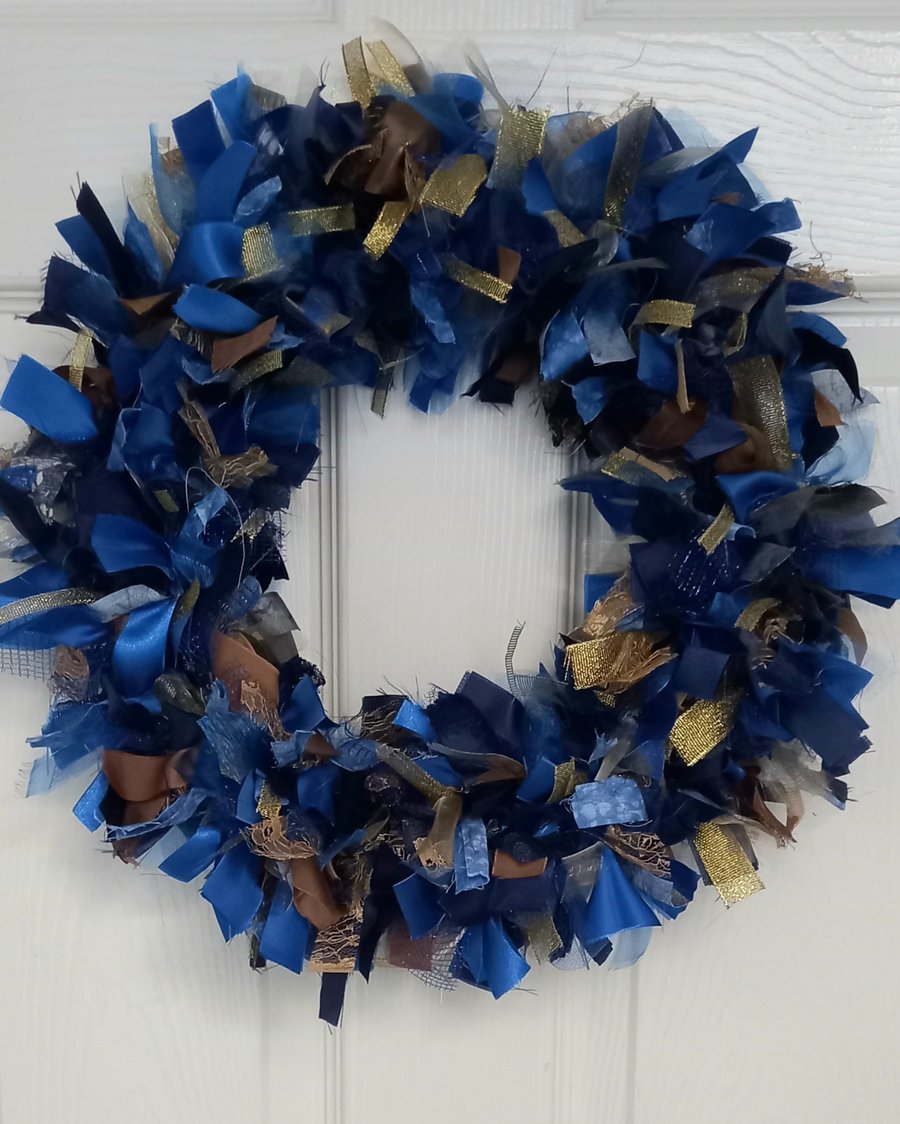 Blue and Gold Christmas Rag Wreath
