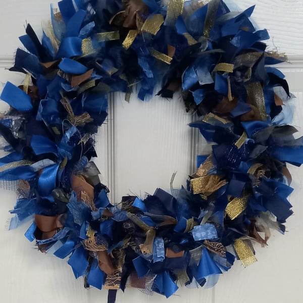 Blue and Gold Christmas Rag Wreath