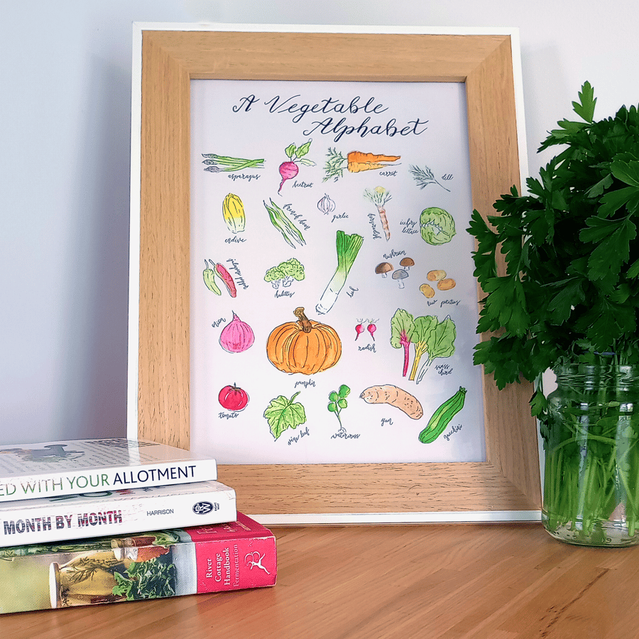 An Illustrated Vegetable Alphabet - Eco Wall Art (A4) - Watercolour on Cream
