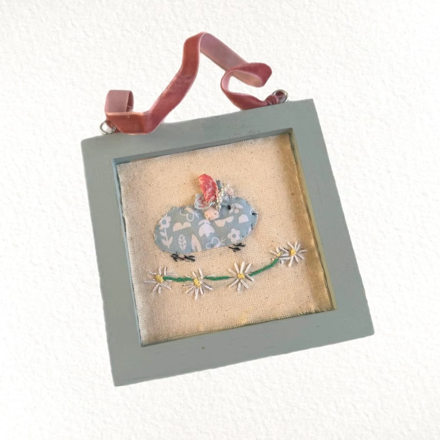 Guinea Pig Embroidery Wall Art – Framed Appliqué Decor – Cute Animal Gift 