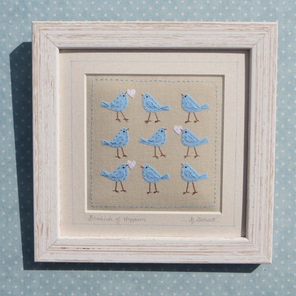 Bluebirds of Happiness small hand-stitched framed embroidery lovely gift